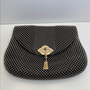 Black Beaded Evening Clutch with Gold-Tone Accent